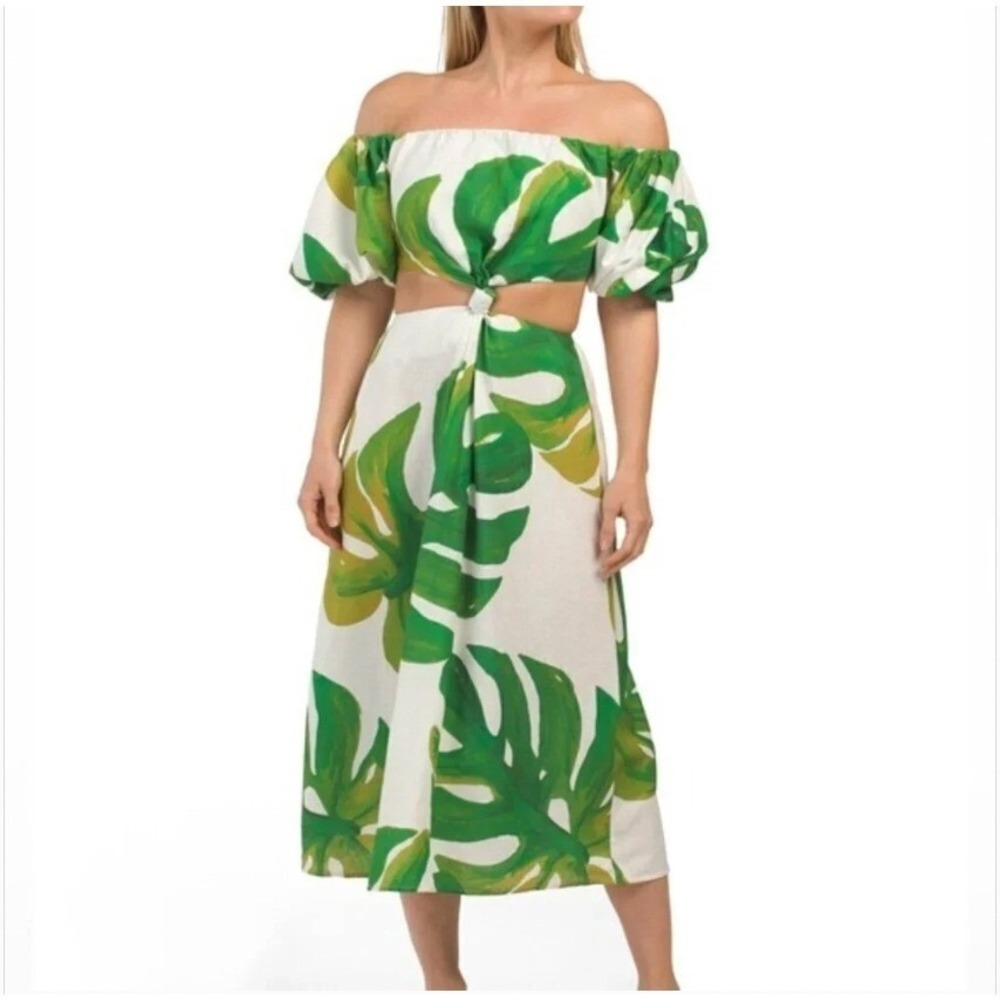 Farm Rio Linen Blend Monstera Midi Dress Tropical Resort Vacation | Size M - Picture 11 of 12